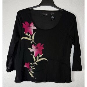 Black Mesh Floral Scoop Neck 3/4 Sleeve Blouse Women's Size L by Axcess